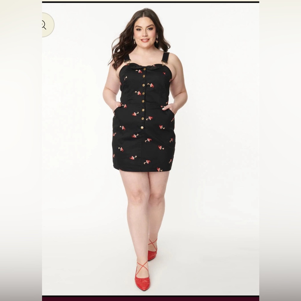 Embroidered mushroom fitted denim pinfore dress